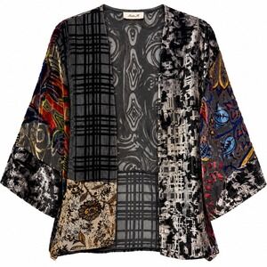 Maximalist Whimsical Goth Velvet Patchwork Kimono Women S/M Burnout Silk Wrap